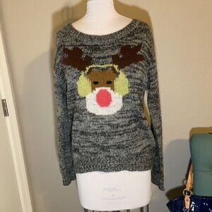 Rewind Cute Ugly Christmas Knit Sweater with a Reindeer Wearing Headphones Sz M